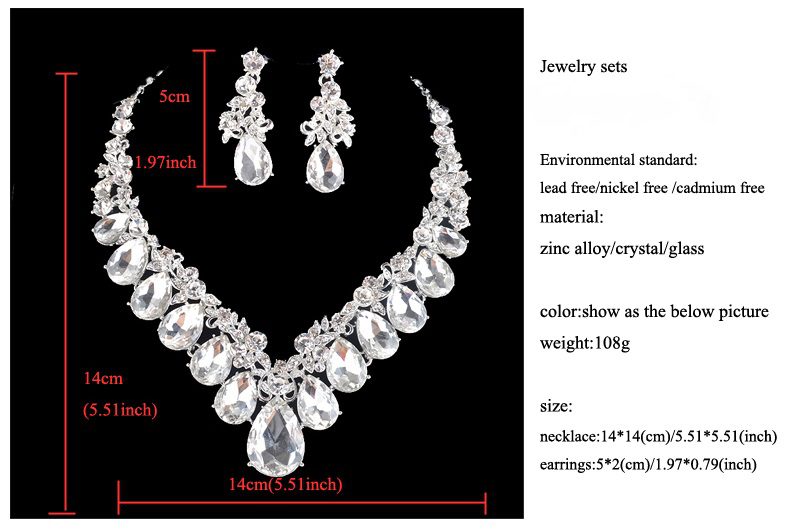 Silver Necklace And Earrings Crystal Rhinestone Wedding Jewelry Set