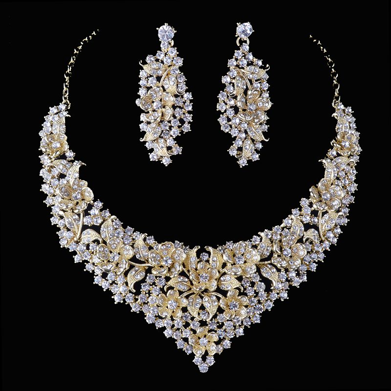 Crystal Golden Plated Flower Deisgn Necklace Earrings Set Wedding Jewelry