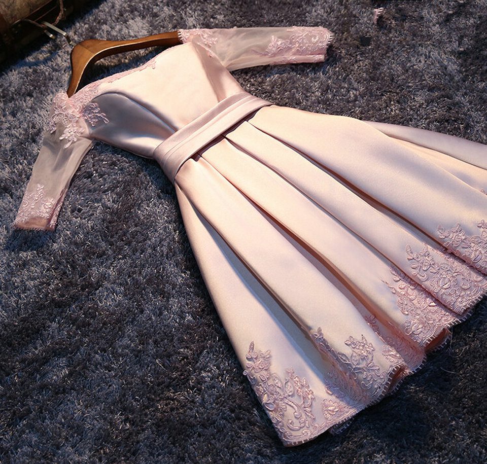 Pink Boat-Neck Satin Appliques Lace-Up Bridesmaid Dress