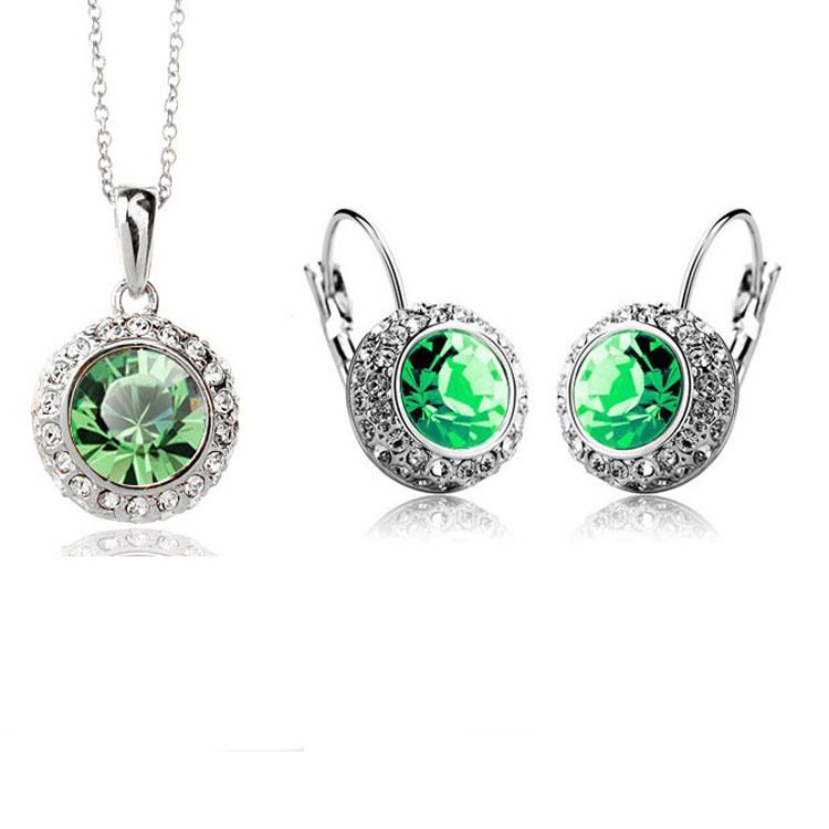 Pendant Necklace Hoop Earrings Silver Plated Crystal Wedding Jewelry Set