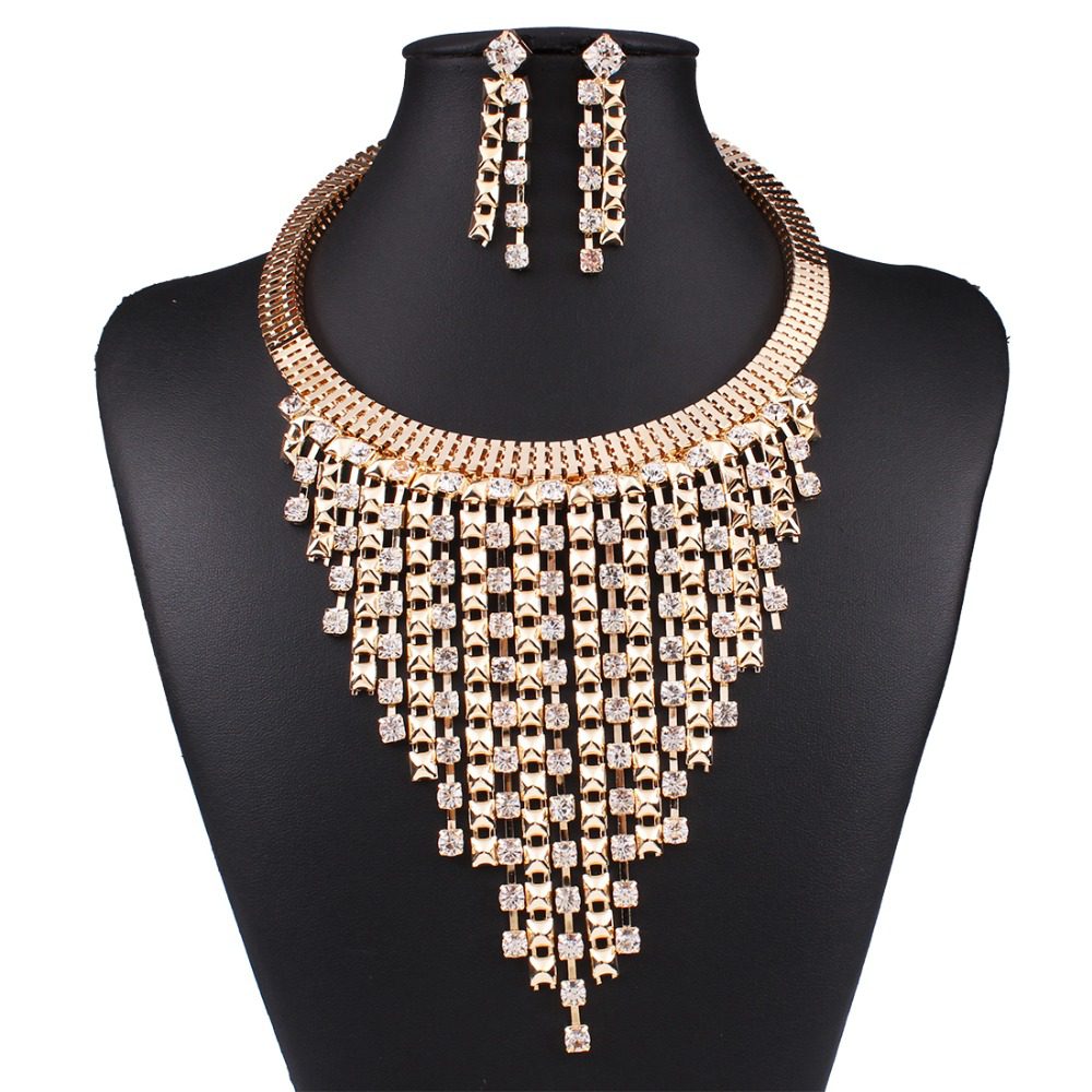Gold and Clear Crystal 3 Stone Tassel FASHION Necklace Set 