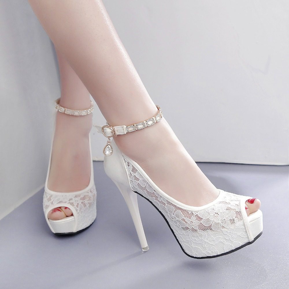 White Peep Toe Lace Platform 4cm High Heel 12cm Wedding Pumps