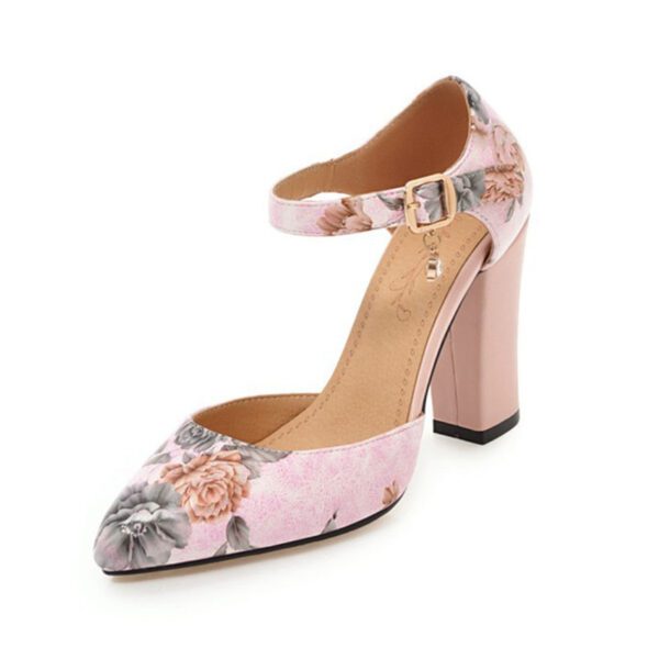 Pointed Toe Ankle Strap Flower Thick Heel Wedding Shoes