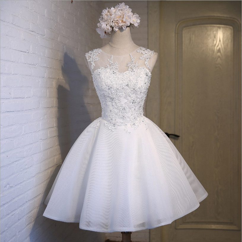 Pink O-Neck Lace Short Bridesmaid Dress