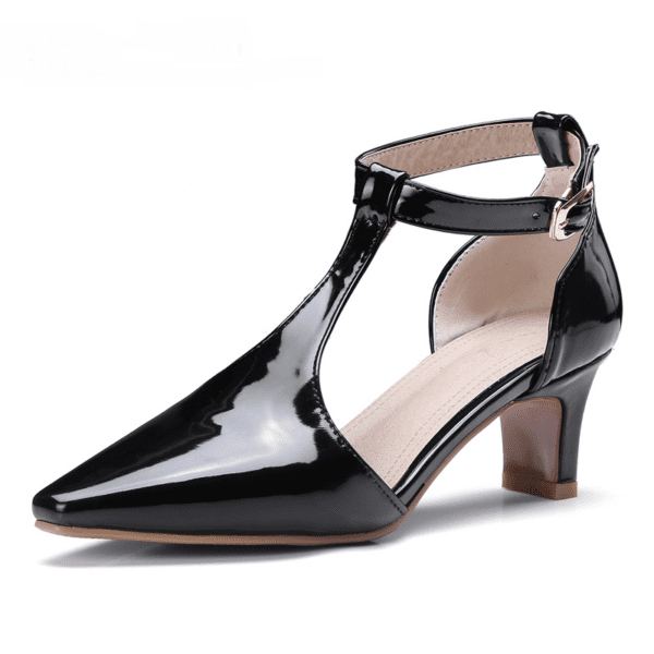 Pointed Toe Ankle Strap Thin Heel Black Shoes