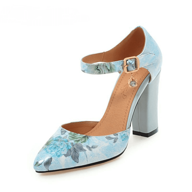 Pointed Toe Ankle Strap Flower Thick Heel Wedding Shoes
