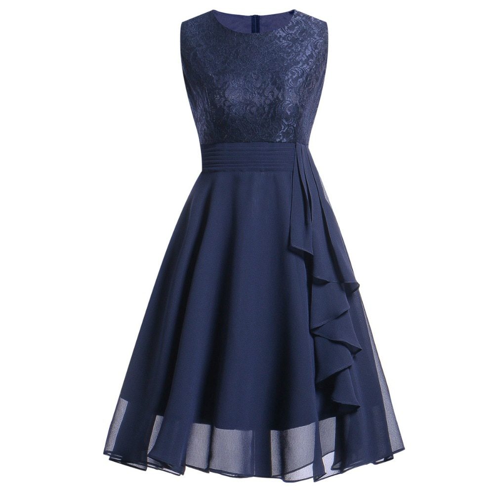 Navy Blue Lace Chiffon Short Bridesmaid Dress