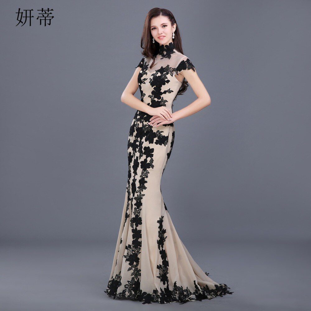 Elegant Black Short Sleeve Mermaid Evening Dress 2018 Applique Chiffon Prom Dresses Custom Made 100% Actual Image Sheer Gown