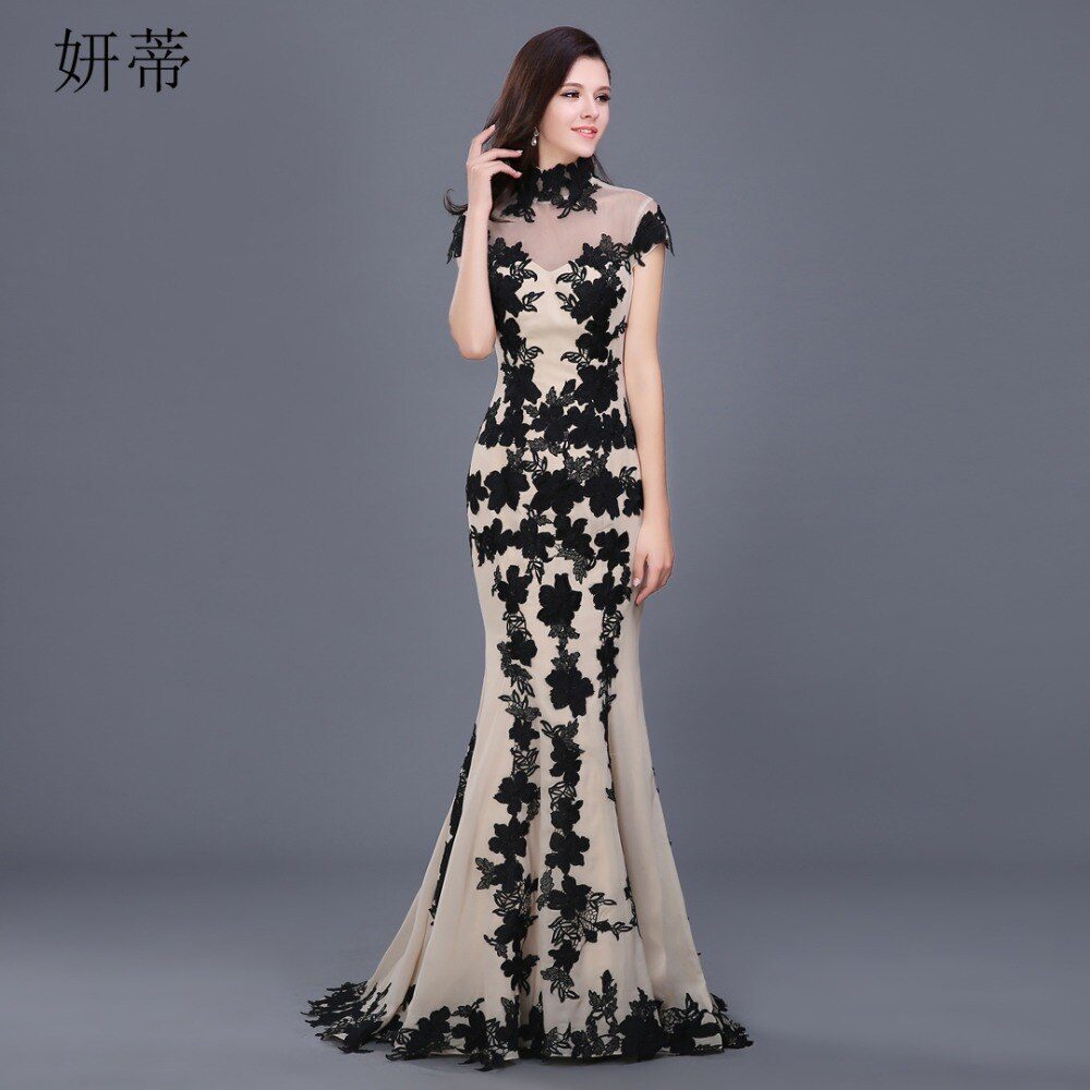 Elegant Black Short Sleeve Mermaid Evening Dress 2018 Applique Chiffon Prom Dresses Custom Made 100% Actual Image Sheer Gown