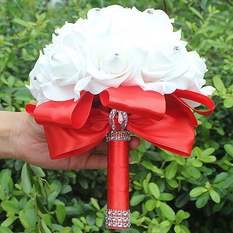 IN STOCK Cheapest PE Rose Bridesmaid Wedding Foam flowers Rose Bridal bouquet Ribbon Fake Wedding bouquet de noiva 14 Color