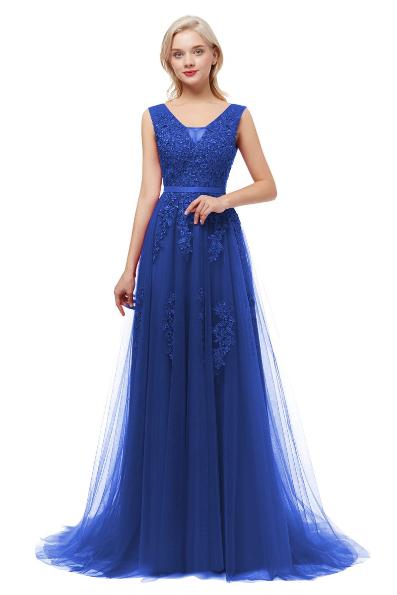 Royal blue Evening Dress plus size Long 2020 A Line Formal Party dresses appliques lace prom gown dress bridal Vestido De noiva