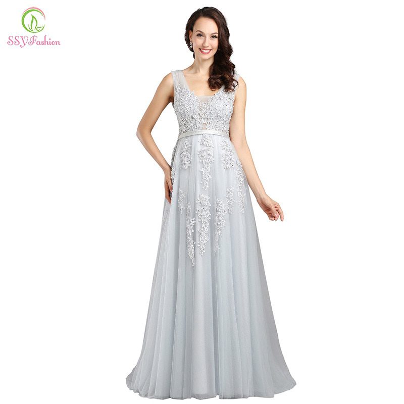 Light Blue Lace V-Neck Backless Long Bridesmaid Dress