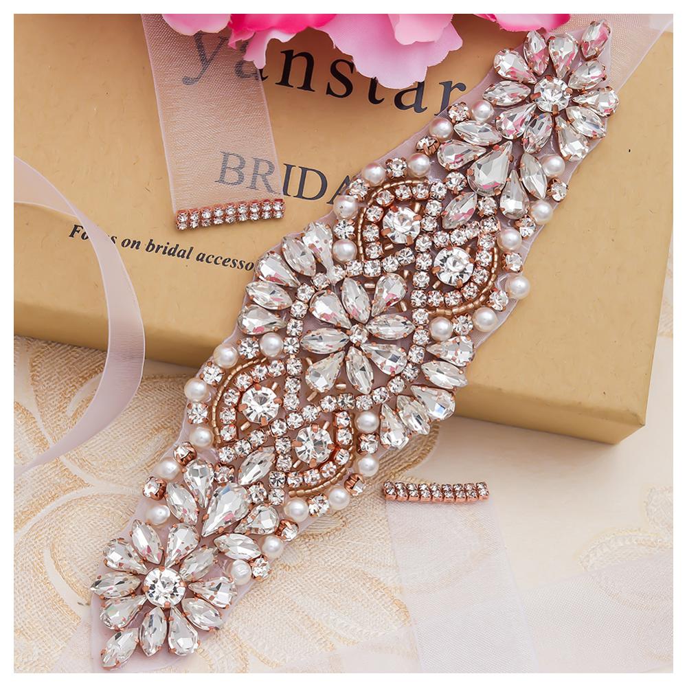 Pearls Rose Gold Crystal Rhinestone Wedding Sash For Bridal