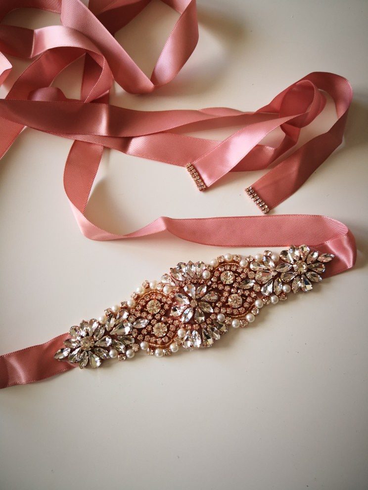 Pearls Rose Gold Crystal Rhinestone Wedding Sash For Bridal