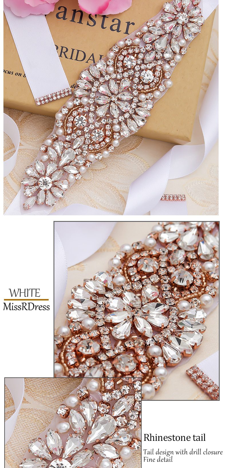 MissRDress Pearls Wedding Belt Dress Rose Gold Crystal Bridal Belt Rhinestones Wedding Sash For Bridal Bridesmaid Dresses JK849