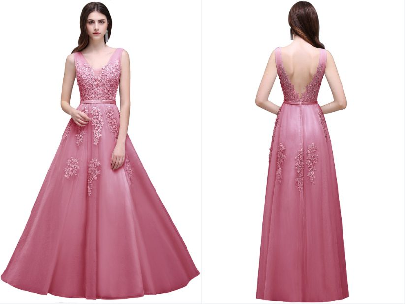In Stock Double V Neck Lace Long Evening Dress Robe De Soiree Chiffon Evening Prom Gowns with Pearls Evening Party Dresses