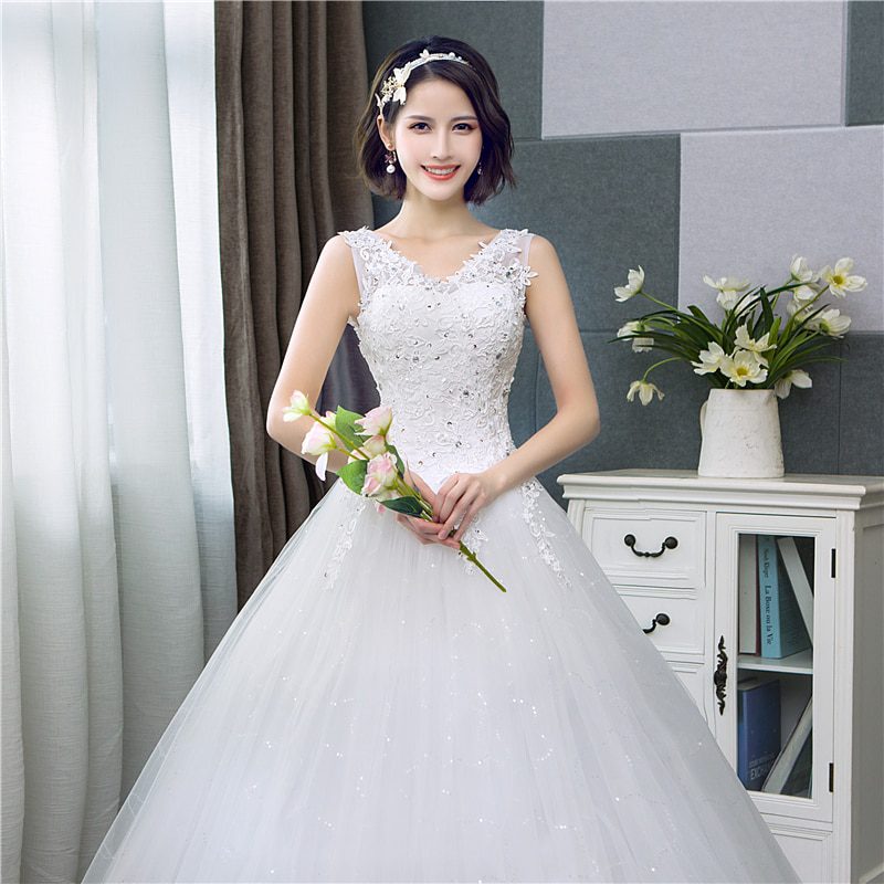 Korean Style V-Neck Lace Tank Sleeveless Floral Print Ball Gown Wedding Dress 2020 New Fashion Simple estidos de noivas CC