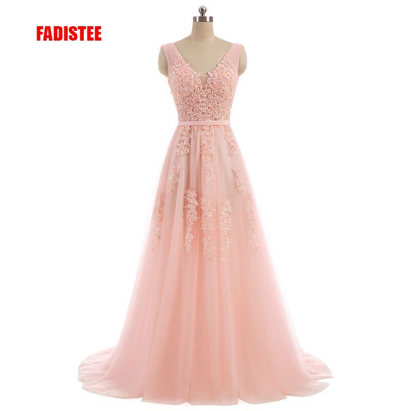 FADISTEE Vestido De Festa Sweet pink Lace V-neck Long Evening Dress Bride Party Sexy Backless beads pearls Prom Dresses lace-up