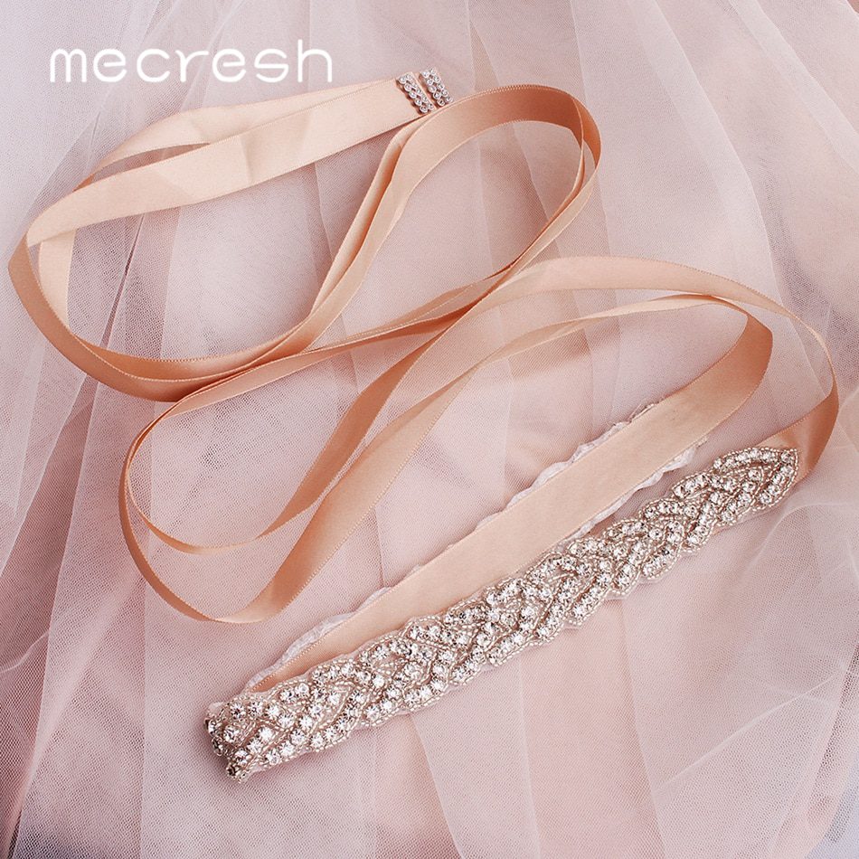 Mecresh Elegant Rhinestones Wedding Belt Sash White Pink Ribbon Bridal Belt for Wedding Gown Wedding Accessories MYD022