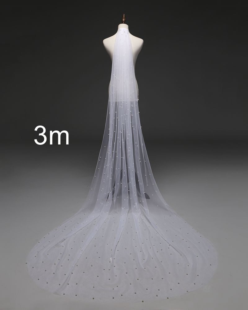 Pearl White/Ivory One Layer Cathedral Bridal Veil With Comb