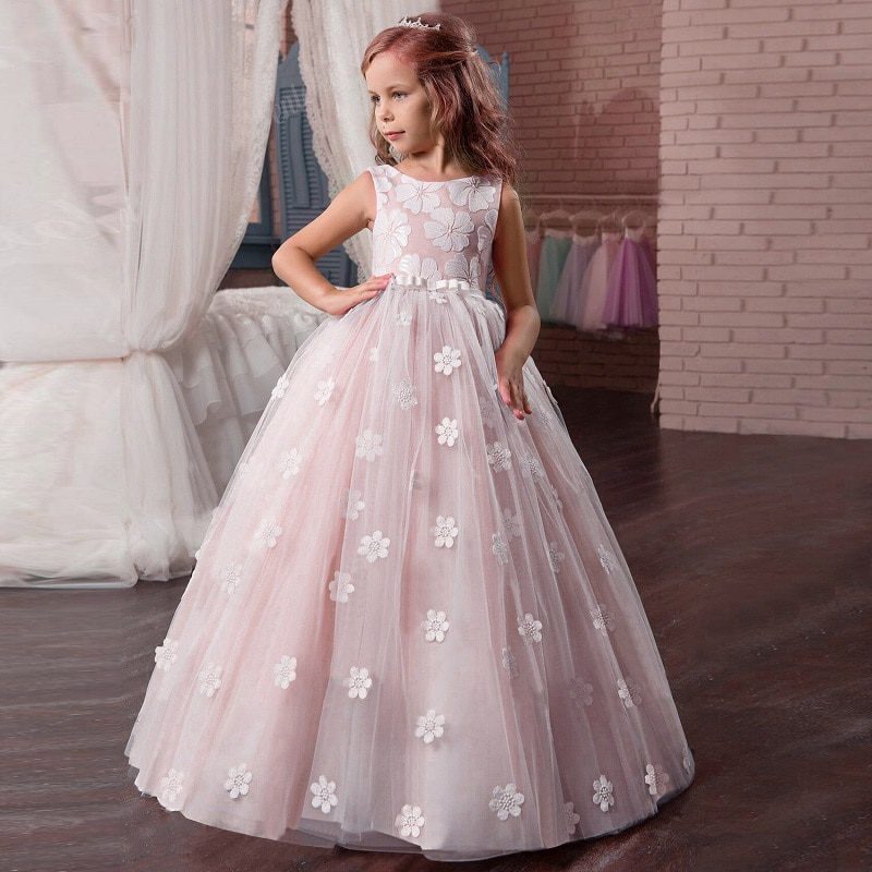 Flower Girl's Birthday Banquet Long Sleeve Lace Stitching Dress Elegant Girl's Wedding Long White Butterfly Lace Loop Dress