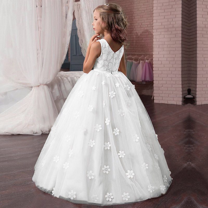 Flower Girl's Birthday Banquet Long Sleeve Lace Stitching Dress Elegant Girl's Wedding Long White Butterfly Lace Loop Dress