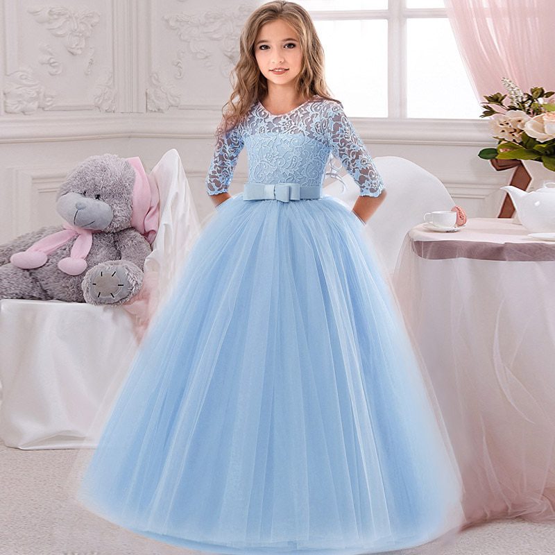 Flower Girl’s Long Sleeve Lace Stitching Dress