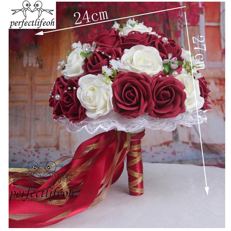 perfectlifeoh Burgundy Wedding Bouquet Pink/Red/White/Burgundy Bridal Bridesmaid Flower Artificial Flower Rose Bouquet Bride