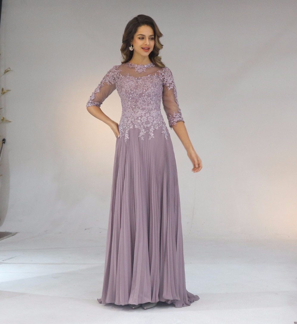 2020 Chiffon Pleated Lace Applique A Line With 1/2 Sleeves Mother Of The Bride Dress Long Vestido De Festa Longo