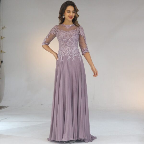 Chiffon Pleated Lace Applique A Line With 1/2 Sleeves Mother Of The Bride Dress