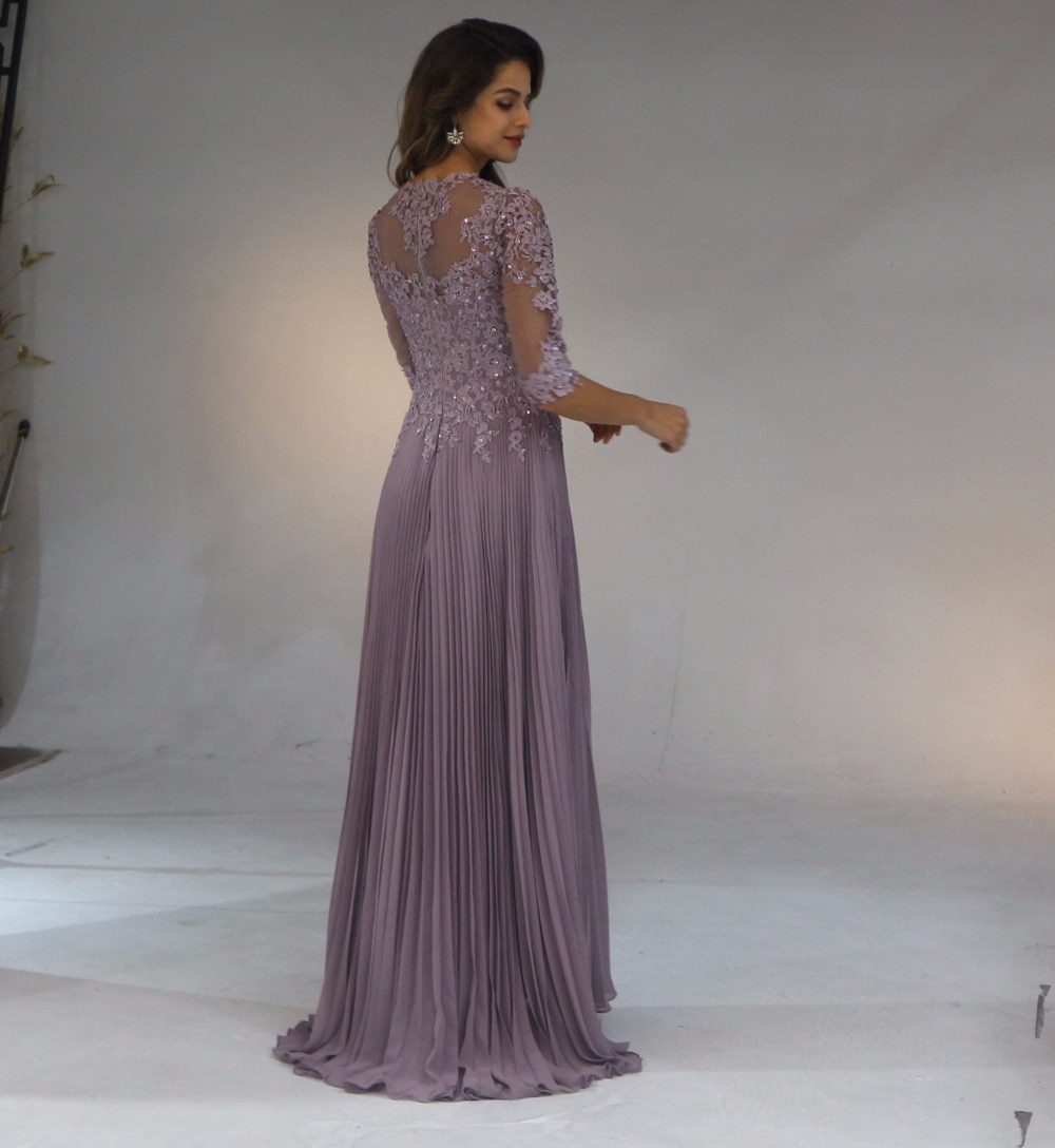 2020 Chiffon Pleated Lace Applique A Line With 1/2 Sleeves Mother Of The Bride Dress Long Vestido De Festa Longo