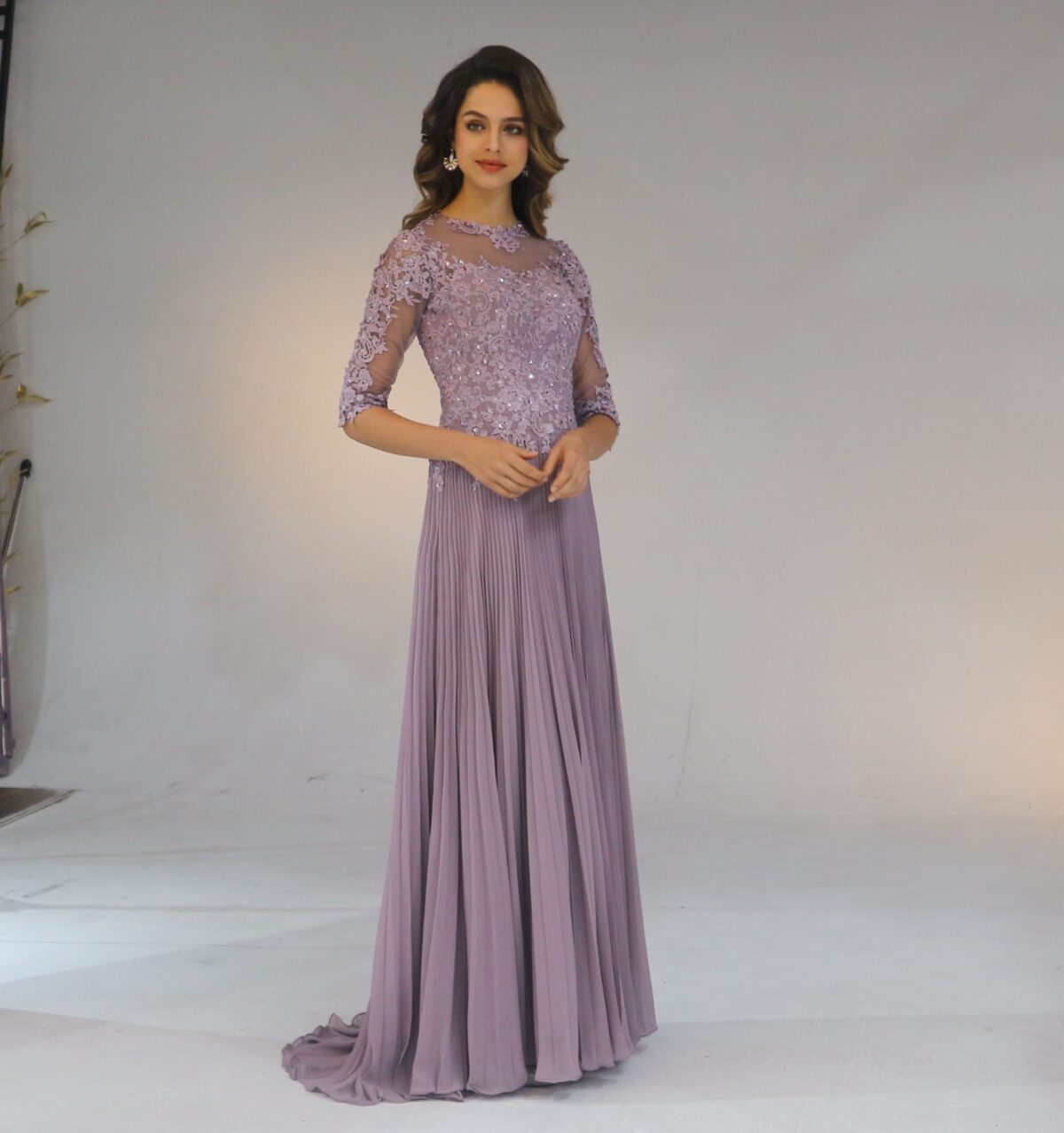 Chiffon Pleated Lace Applique A Line With 1/2 Sleeves Mother Of The Bride Dress