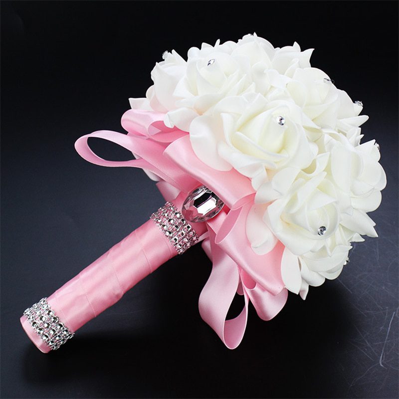 2019 Good Quality Cheapest PE Rose Bridesmaid Wedding Foam flowers Rose Bridal bouquet Ribbon Fake Wedding bouquet de noiva