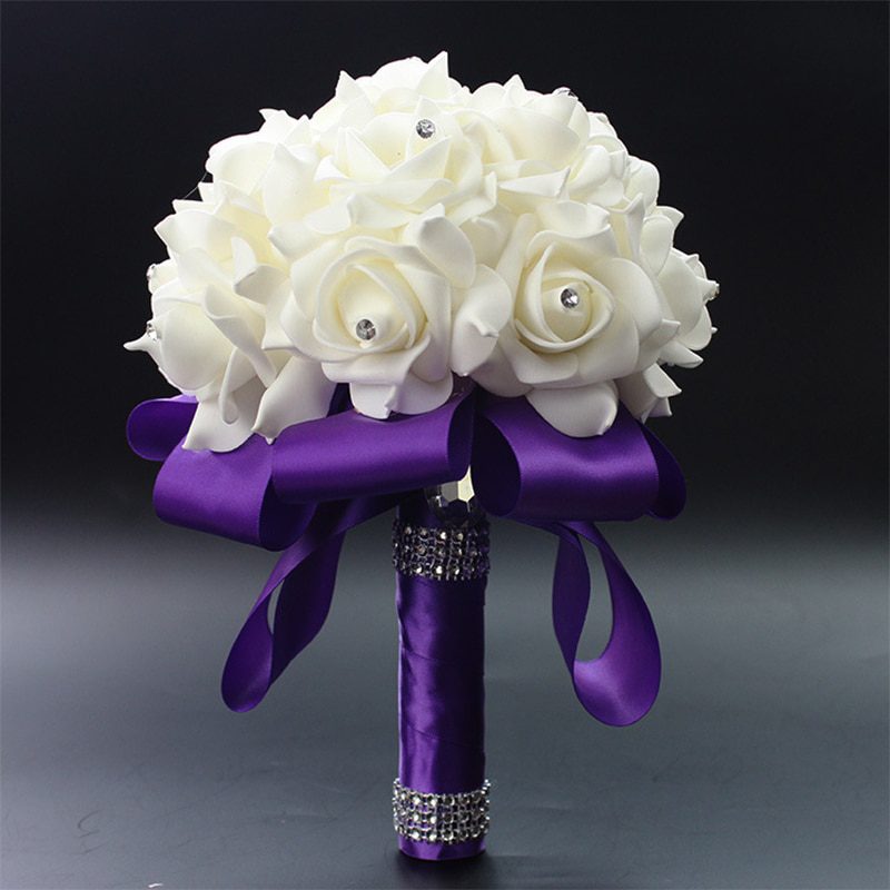 2019 Good Quality Cheapest PE Rose Bridesmaid Wedding Foam flowers Rose Bridal bouquet Ribbon Fake Wedding bouquet de noiva