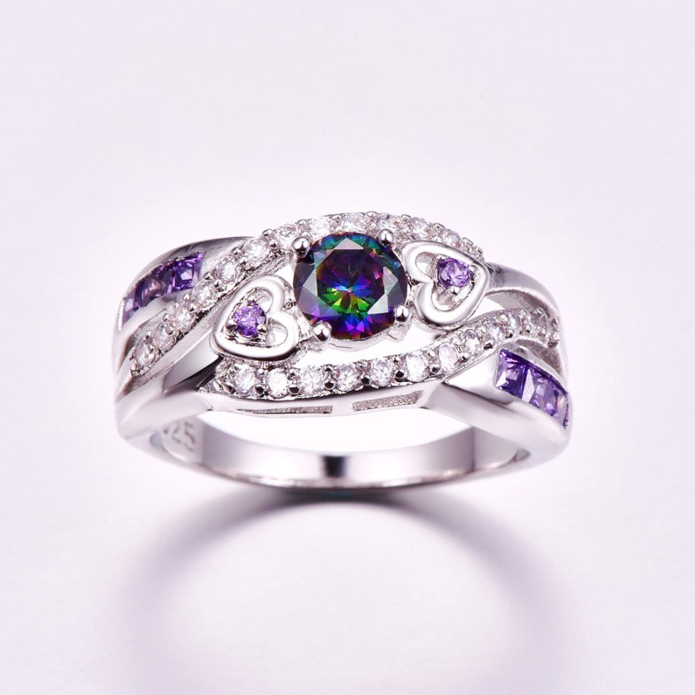 Oval Heart Design Purple White Silver Color Ring