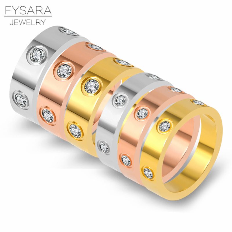 FYSARA Trendy Stainless Steel Rose Gold Color Love Ring for Women Men Couple CZ Crystal Rings Luxury Brand Jewelry Wedding Gift
