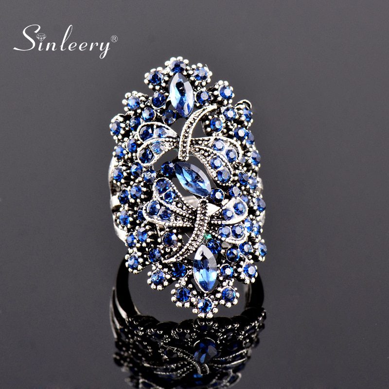 SINLEERY Vintage Big Hollow Blue Rhinestone Dragonfly Rings Women Antique Silver Color Wedding Party Jewelry JZ565 SSC