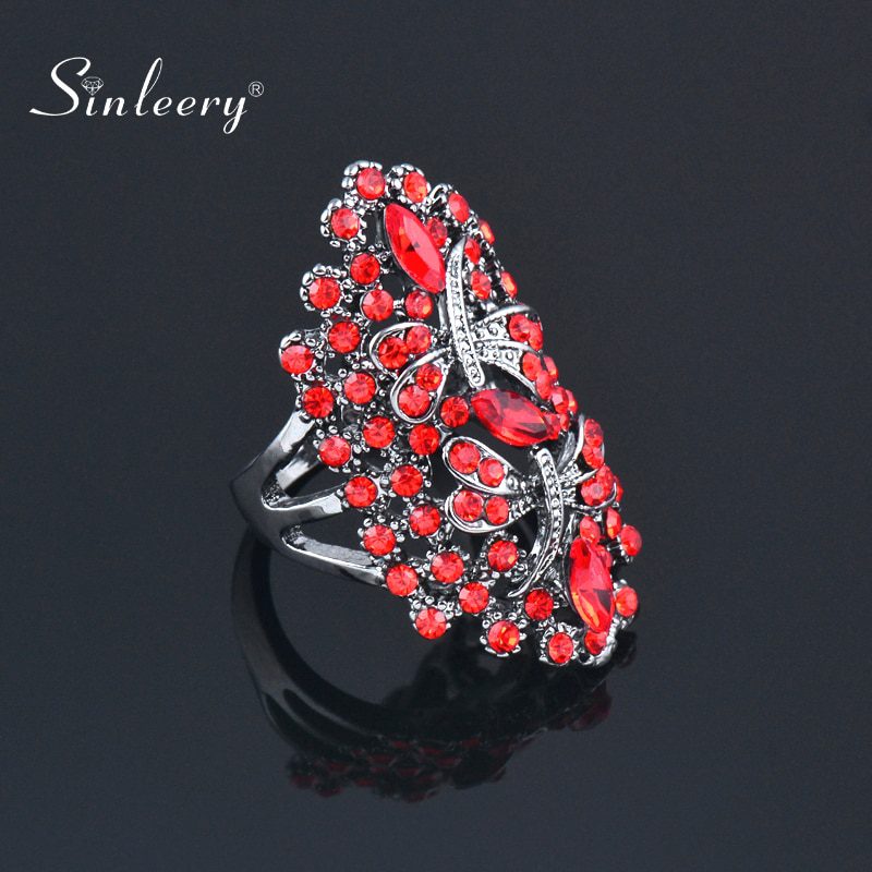 SINLEERY Vintage Big Hollow Blue Rhinestone Dragonfly Rings Women Antique Silver Color Wedding Party Jewelry JZ565 SSC