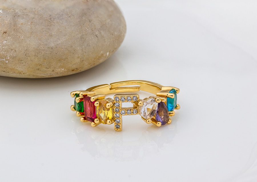 Hot Sale Adjustable A-Z Initial Ring Bohemian Copper Zircon Rainbow Letter Rings for Women Girls Party Wedding Jewelry Gift