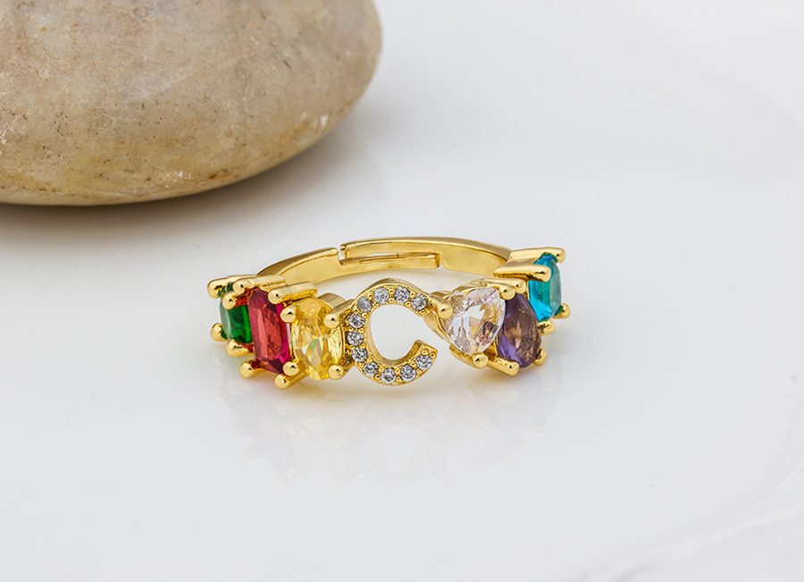 Hot Sale Adjustable A-Z Initial Ring Bohemian Copper Zircon Rainbow Letter Rings for Women Girls Party Wedding Jewelry Gift