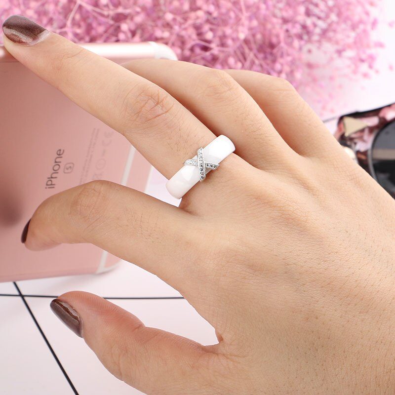 Fashion Jewelry Women Ring With AAA Crystal 6/8 mm X Cross Ceramic Rings For Women Men Plus Big Size 10 11 12 Wedding Ring Gift