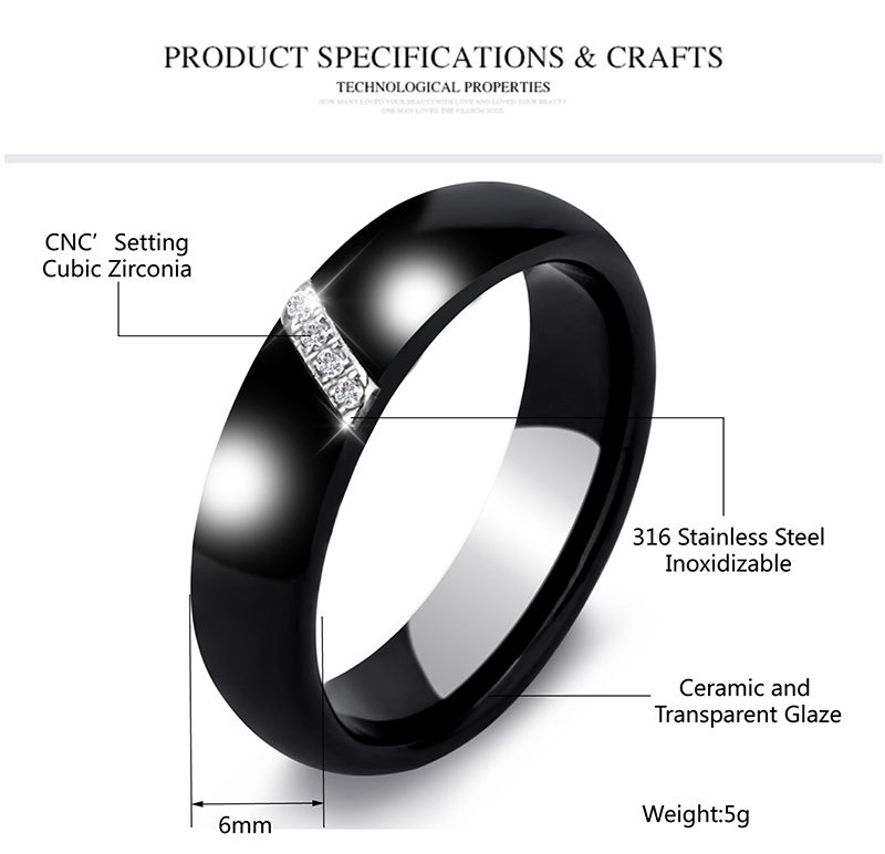 New 6MM Crystal Ceramic Ring Cubic Zirconia Stone Black And White Color Women Jewelry Engagement Wedding Band Gifts For Women