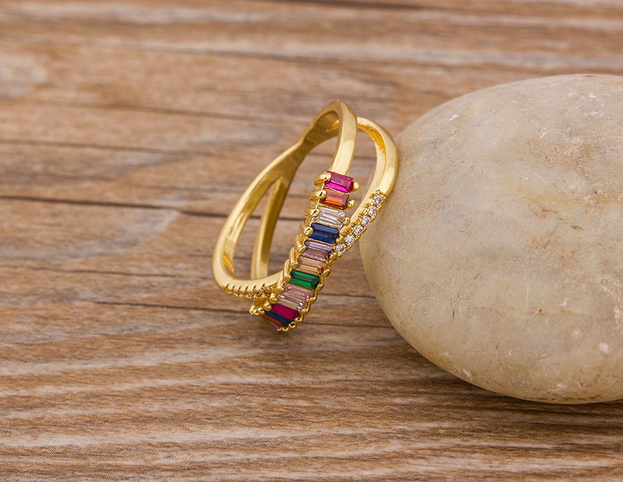 Colorful Rainbow Gold Engagement Wedding Ring