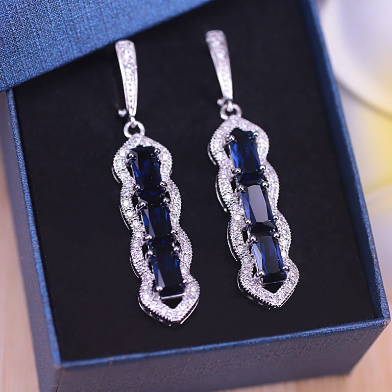 Risenj Original Russian Style Blue Cubic Zircon White Crystal Silver Color Jewelry Set Earrings Ring Necklace Set In store