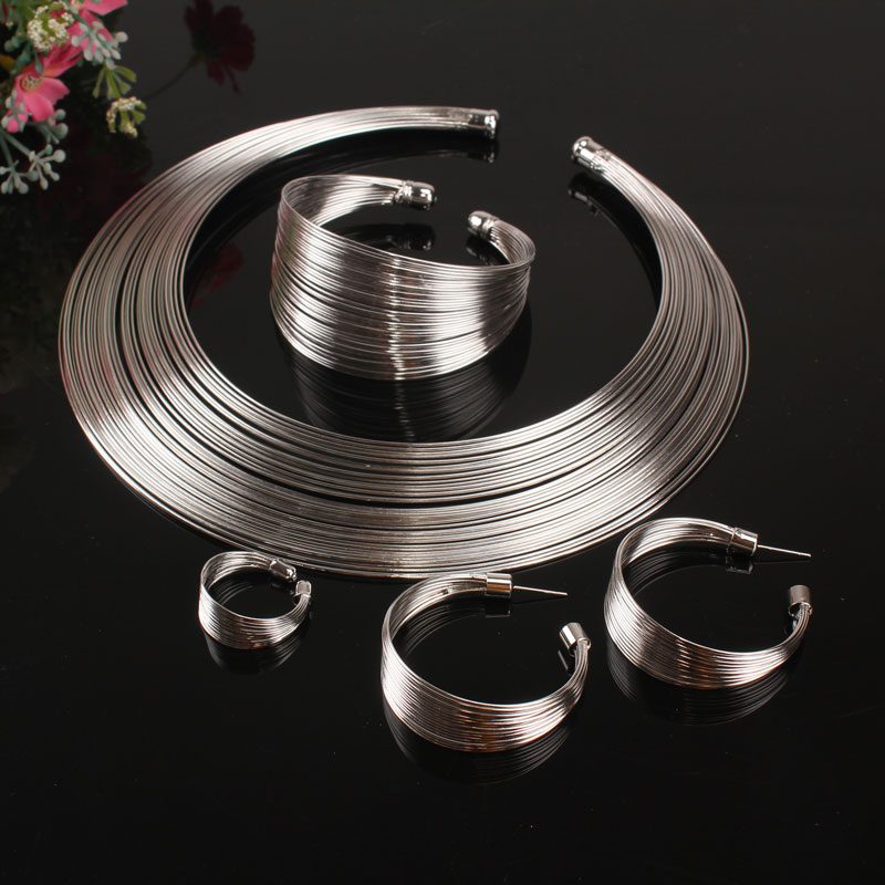 Metal Wire Torques Choker Necklace Bangle Earrings Ring Sets