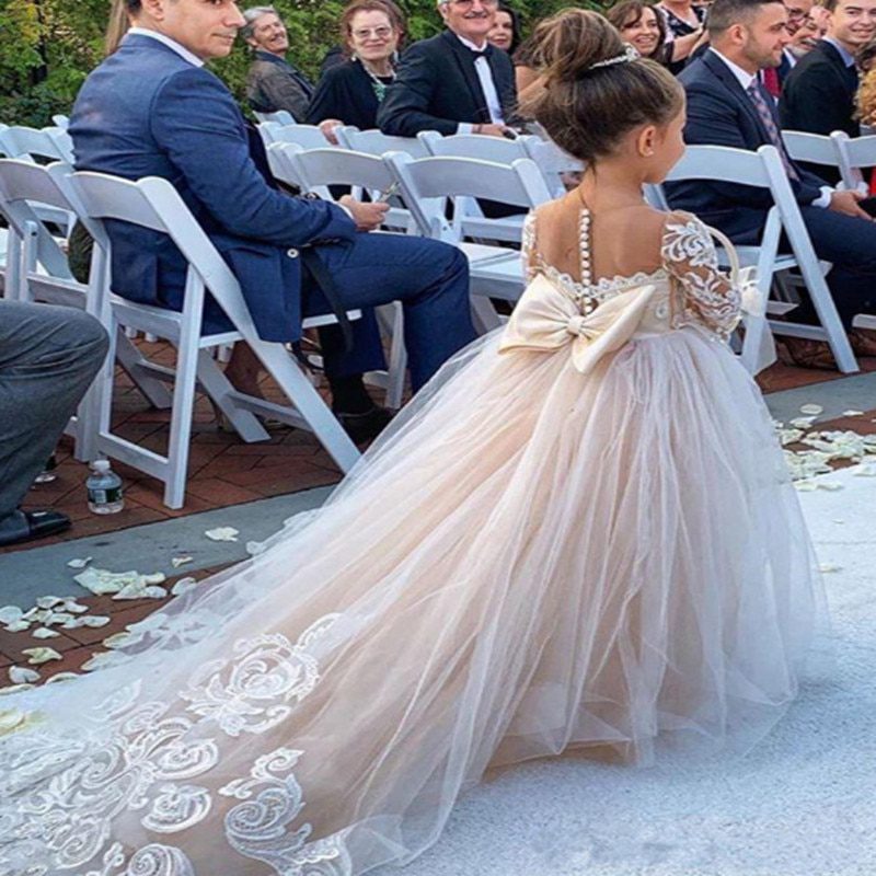 Classic Tulle Flower Girl Dress With Bow Lace Appliques Long Sleeve For Wedding Birthday Ball Gown First Holy Communion Dresses