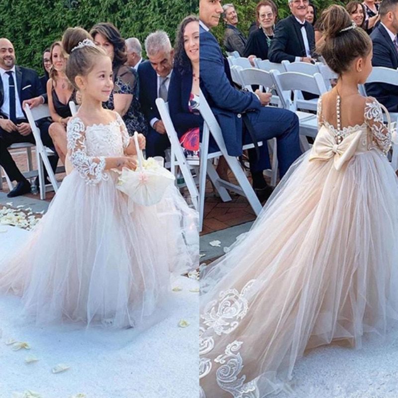 Classic Tulle Flower Girl Dress With Bow Lace Appliques Long Sleeve For Wedding Birthday Ball Gown First Holy Communion Dresses