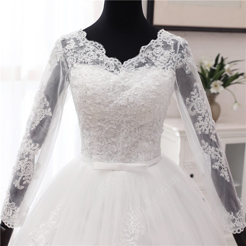 New Spring Lace Appliques Wedding Dresses Long Sleeve Vestidos De Novia 2021 White V-Neck Princess Bride Wedding Gowns Plus Size