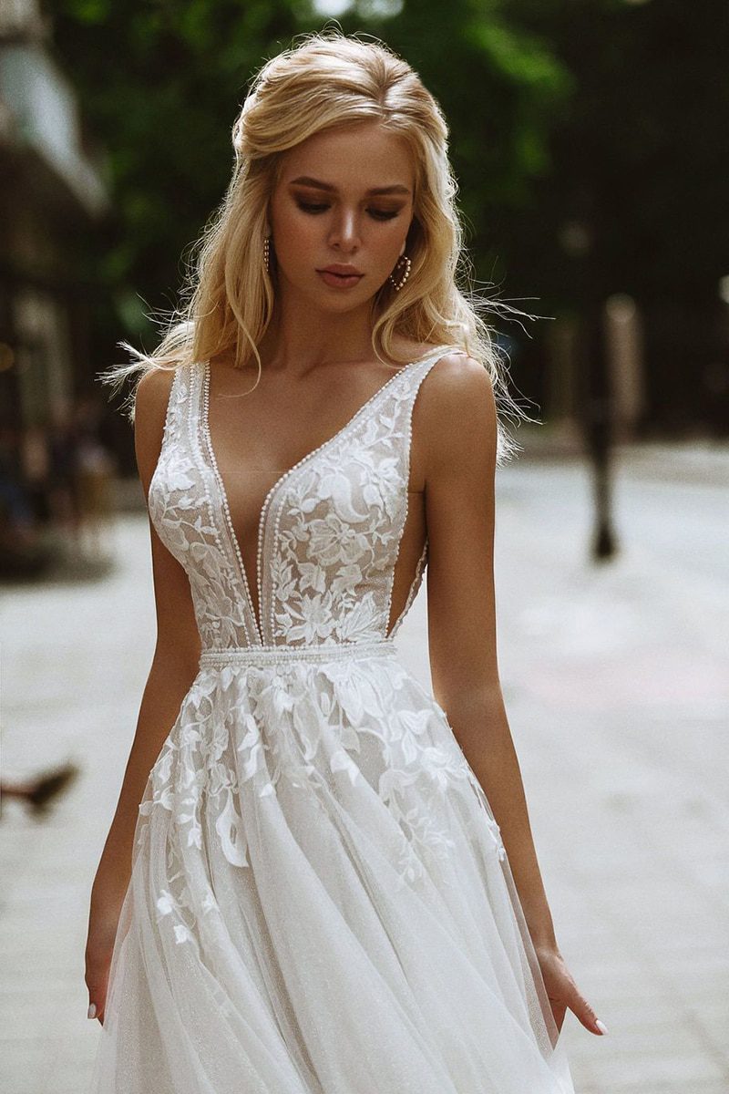 Eightale Boho Wedding Dresses V-Neck Appliques Lace A-Line Tulle Wedding Gown Beach Simple Bridal Dress bestidos de novia 2020