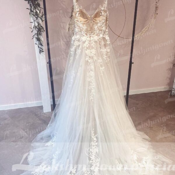 A Line Tulle V Neck Bridal Beach Bridal Gown